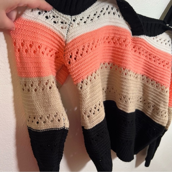Striped Cold Shoulder Sweater Loose Knit Beige Black Peach S - Picture 6 of 10